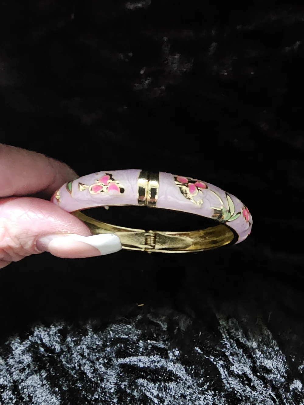 Gold-Tone Pink Floral Enamel Hinged Bangle Bracelet